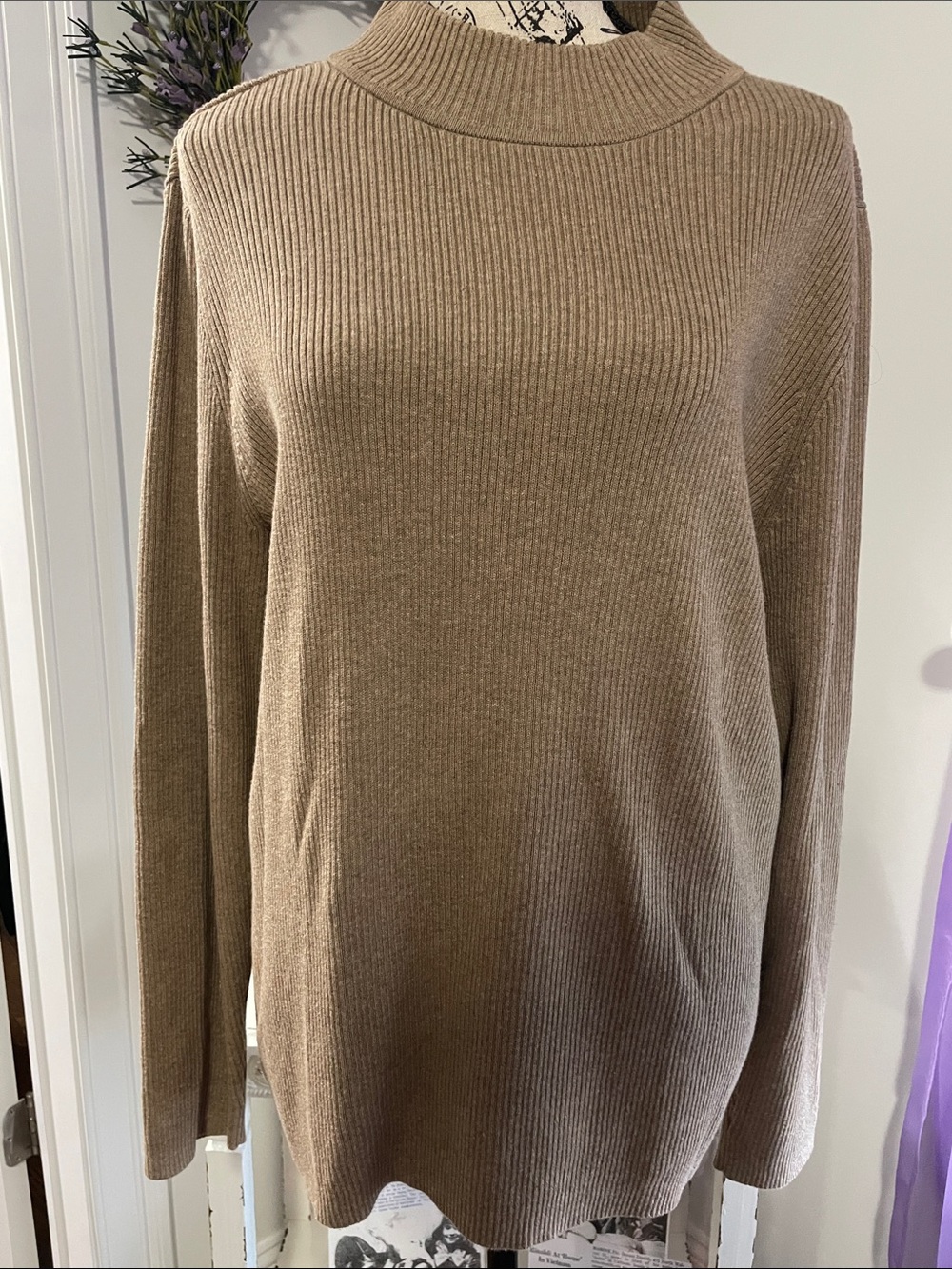 Karen Scott Ribbed Mock Neck Sweater in Tan